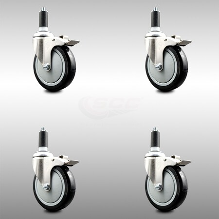 Service Caster 5 Inch 316SS Black Poly Swivel 1-1/4 Inch Expanding Stem Caster Set Lock Brake SCC-SS316TTLEX20S514-PPUB-BLK-114-4